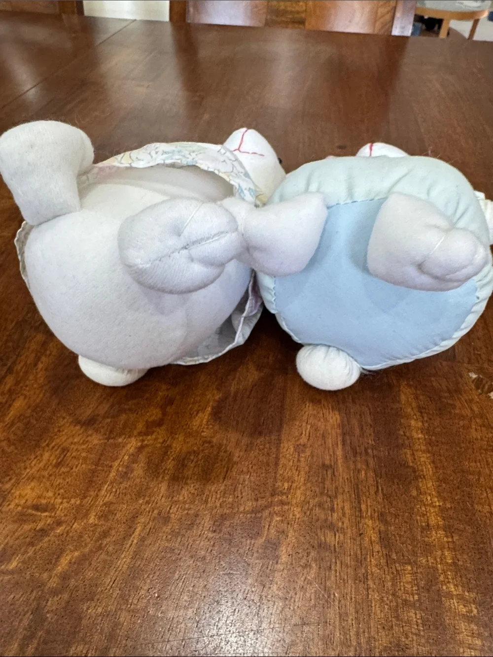 Vintage Pair of Plush Bunny Dolls in Pastel Floral Dress & Light Blue Overalls